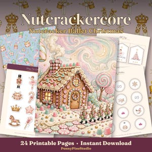 Puede incluir: Una colección digital de 24 páginas imprimibles titulada Nutcrackercore Nutcracker Ballet Christmas. El conjunto incluye una ilustración de una casa de jengibre, papel estampado, etiquetas de regalo, pegatinas circulares y varios elementos.