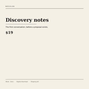 May include: A digital document template with a cream background and black text. The header reads NOCKLEN. The main title is Discovery notes, followed by the subtitle The first conversation, before a proposal exists. The footer lists Word, Docs, Digital download.