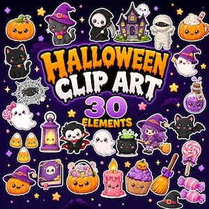 Könnte beinhalten: Eine Sammlung von 30 Halloween-Cliparts mit Zeichentrickfiguren wie Geistern, Hexen, schwarzen Katzen, einem Vampir und einer Mumie sowie festlichen Gegenständen wie Kürbissen, einem Kessel, einem Besenstiel und Süßigkeiten auf dunklem Grund.