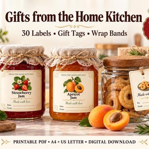 Può includere: Un set di etichette, cartellini regalo e fasce da imballaggio stampabili intitolato Gifts from the Home Kitchen, con disegni per marmellata di fragole, marmellata di albicocche e biscotti. Include un'edizione natalizia.