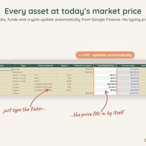 Live Net Worth Tracker, Stock and Crypto Prices Update Automatically, Google Sheets, Dark Mode image 2