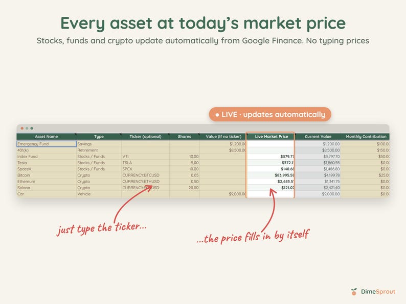 Live Net Worth Tracker, Stock and Crypto Prices Update Automatically, Google Sheets, Dark Mode image 2