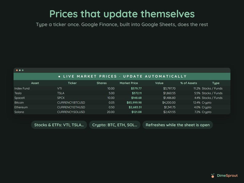 Live Net Worth Tracker, Stock and Crypto Prices Update Automatically, Google Sheets, Dark Mode image 5