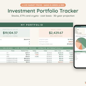 May include: An investment portfolio tracker digital dashboard displayed on a computer screen and a smartphone. The interface features tables with columns for assets, tickers, market prices, and gains or losses, alongside a pie chart showing asset allocation.