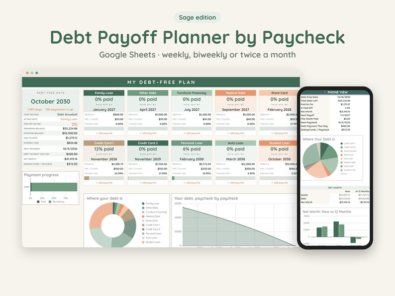 May include: A digital debt payoff planner in sage green and peach tones, displayed on a computer screen and a smartphone. The interface features tables, pie charts, and line graphs for tracking debt, payment progress, and net worth in Google Sheets.