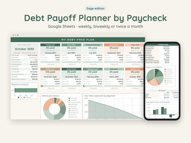 Debt Snowball Spreadsheet, Biweekly Debt Payoff Tracker, Google Sheets Budget Planner, Light & Dark Mode image 1