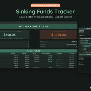 Sinking Funds Tracker Google Sheets, Save by Paycheck, Christmas and Bill Savings Planner, Dark Mode image 3