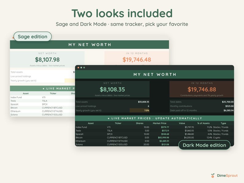 Live Net Worth Tracker, Stock and Crypto Prices Update Automatically, Google Sheets, Dark Mode image 4