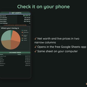 Live Net Worth Tracker, Stock and Crypto Prices Update Automatically, Google Sheets, Dark Mode image 9
