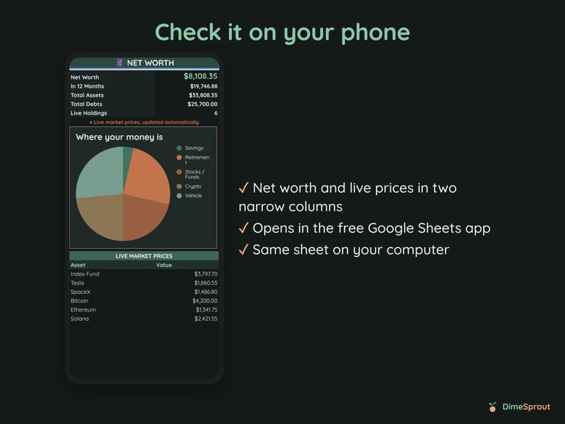 Live Net Worth Tracker, Stock and Crypto Prices Update Automatically, Google Sheets, Dark Mode image 9