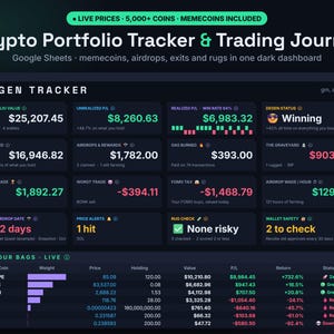 Op de afbeelding: Een donker digitaal dashboard voor crypto-portfoliotracking en handelsjournaal voor Google Sheets. De interface toont financiële statistieken zoals de portfoliowaarde, ongerealiseerde winst en verlies, gaskosten en een lijst met cryptomunten.