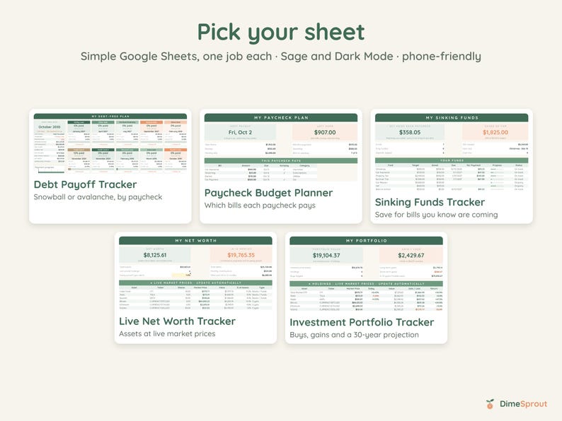 May include: A digital collection of five Google Sheets templates featuring a sage green and cream color scheme. The set includes a Debt Payoff Tracker, Paycheck Budget Planner, Sinking Funds Tracker, Live Net Worth Tracker, and Investment Portfolio Tracker.