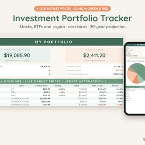 Investment Portfolio Tracker, Live Stock and Crypto Prices Update Automatically, Gain Loss, Google Sheets image 1