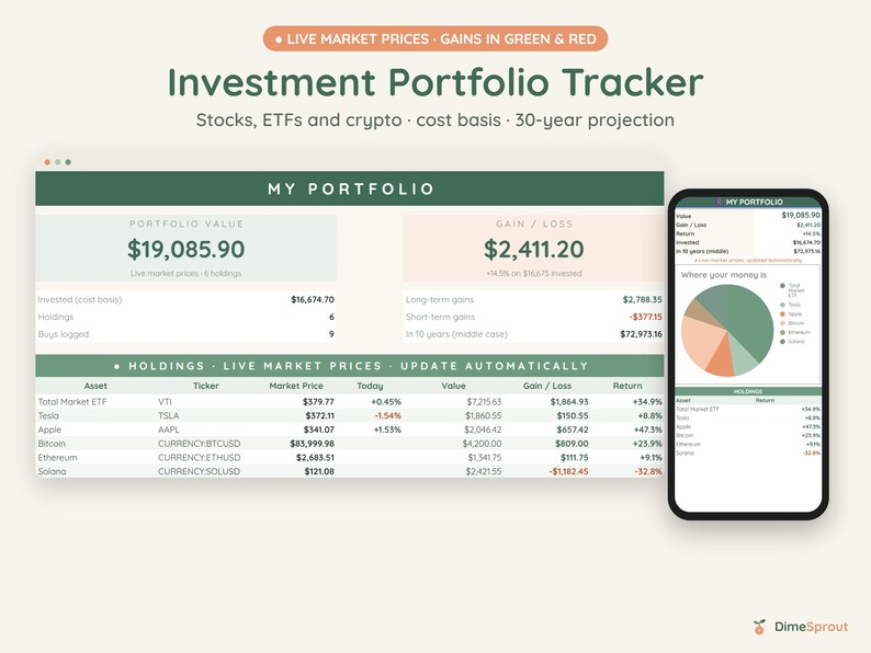 Investment Portfolio Tracker, Live Stock and Crypto Prices Update Automatically, Gain Loss, Google Sheets image 1
