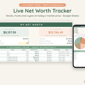 Live Net Worth Tracker, Stock and Crypto Prices Update Automatically, Google Sheets, Dark Mode image 1