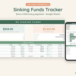 Sinking Funds Tracker Google Sheets, Save by Paycheck, Christmas and Bill Savings Planner, Dark Mode image 1