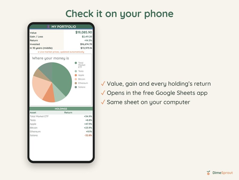 Investment Portfolio Tracker, Live Stock and Crypto Prices Update Automatically, Gain Loss, Google Sheets image 9