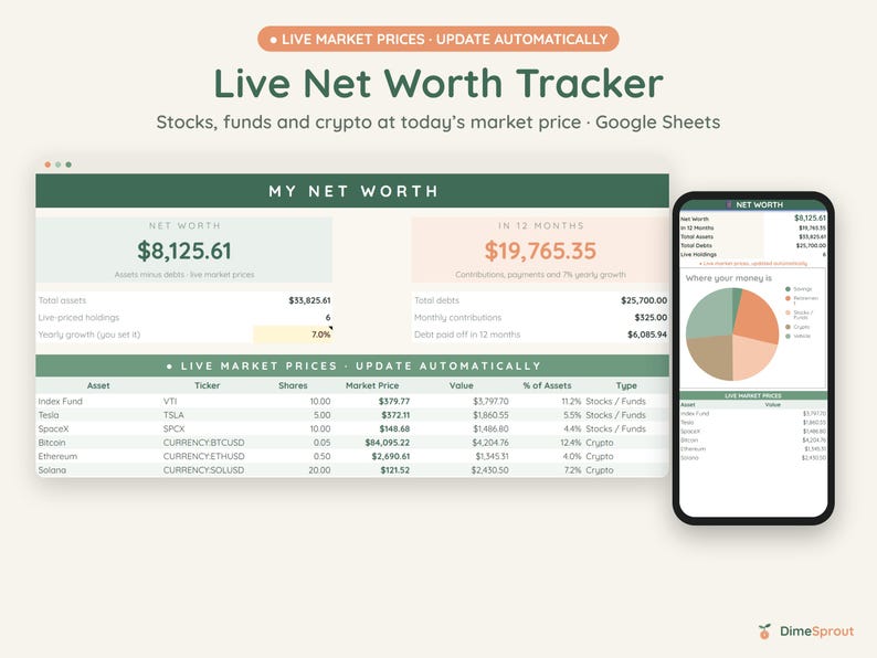 May include: A digital net worth tracker spreadsheet displayed on a computer screen and a smartphone. The interface features tables for assets, stocks, funds, and crypto with live market prices, a pie chart, and the text Live Net Worth Tracker.