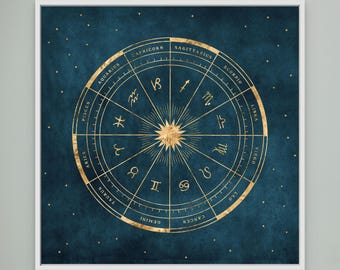 Gold Zodiac Wall Art Navy Blue | Astrology Poster Zodiac Sign | Personalized Horoscope Gift | Celestial Wall Art Starry Sky Print