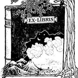 Bookplate rubber stamp, tree with book, mountains and sky