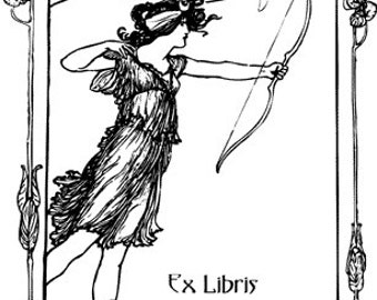 Ex Libris Gummi Stempel, Pfeil und Bogen, Diana, Jagd, Symbolik, Mythologie