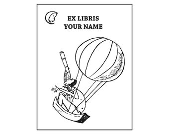 Bookplate Ex libris rubber stamp, man in hot air balloon with telescope