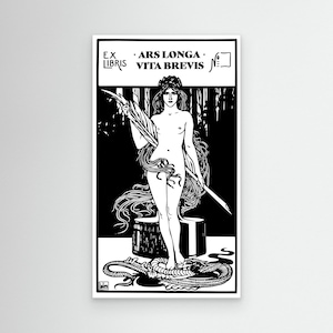 Peut inclure: Estampe en noir et blanc représentant une femme nue tenant une plume et une épée, debout sur un serpent. L'estampe comprend le texte "EX LIBRIS ARS LONGA VITA BREVIS".