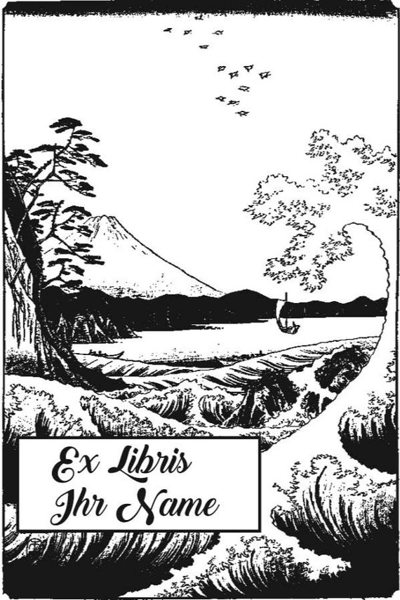 Ex Libris timbro di gomma Giappone, onda e Fuji Mountain