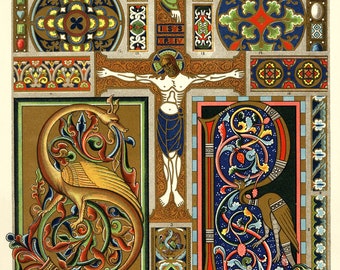 Set of 24 romanesque symbols, patterns and borders from manuscript painting, digital download