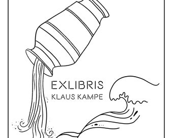 Ex Libris Rubber Stamp Wave, Water with Vase