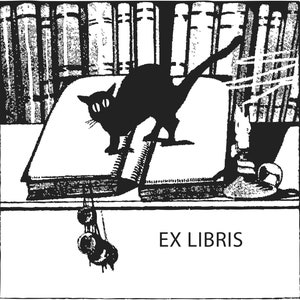 Cats bookplate on book in front of bookshelf on label