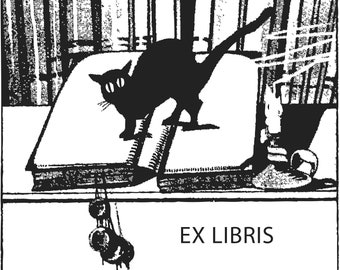 Cats bookplate on book in front of bookshelf on label