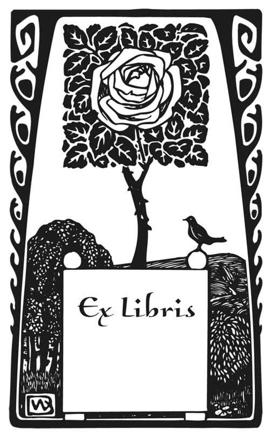 Download Vintage Bookplate With a Rose and a Bird, Printable Instant ...