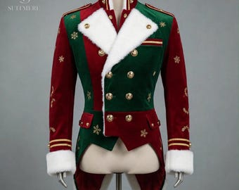Christmas Tailcoat Jacket Men - Santa Claus Velvet Costume - Red Green Holiday Frock Coat - Xmas Party Suit, Elf Costume, Mens Xmas Blazer