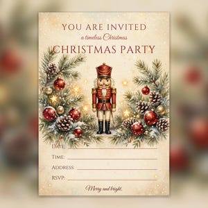 May include: A Christmas party invitation card featuring a central nutcracker figure, pine branches, pinecones, and red ornaments. The text reads: YOU ARE INVITED, a timeless Christmas, CHRISTMAS PARTY, DATE, TIME, ADDRESS, RSVP, and Merry and bright.