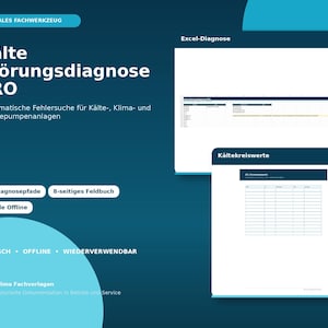 Może przedstawiać: Cyfrowe narzędzie diagnostyczne do systemów chłodniczych, klimatyzacyjnych i pomp ciepła o nazwie Kälte Störungsdiagnose PRO. Zawiera 20 ścieżek diagnostycznych, 8-stronicowy notatnik terenowy oraz szablony Excel do systematycznego wykrywania usterek.