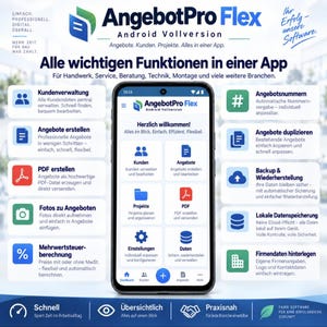 May include: A smartphone displaying the AngebotPro Flex Android app interface, surrounded by text boxes detailing features like customer management, quote creation, PDF generation, photo integration, tax calculation, and data backup for business.