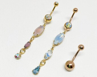 3 Pack Belly Bundle - Gold Lilac Dangle Belly Ring, Opal Belly Ring, Rose Gold Barbell - peach amethyst crystal navel piercing, long purple