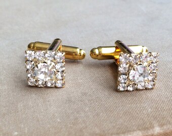 Gold Wedding Cuff Links - Art Deco Cuff Link Mens Accessory Grooms Gift for Men Gift for Husband Fathers Day Crystal DECO GOLD SQUARE