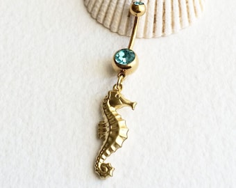 Seahorse Belly Button Ring - gold belly ring, beach wedding jewelry, beach vacation, bellybutton ring, body jewelry, dangle belly ring
