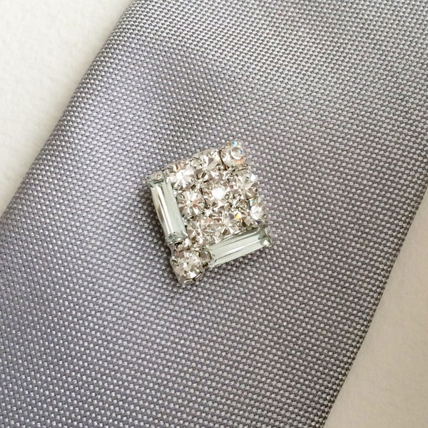 Wedding Tie Tack Art Deco Lapel Pin Tie Tack Rhinestone Silver Lapel Pin Art Deco Gift for Men Mens Accessories SQUARE LARGE SILVER