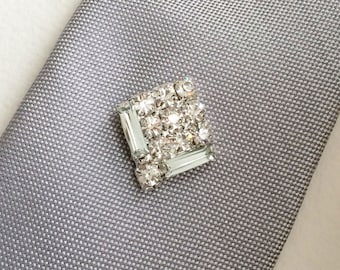 Wedding Tie Tack Art Deco Lapel Pin Tie Tack Rhinestone Silver Lapel Pin Art Deco Gift for Men Mens Accessories SQUARE LARGE SILVER