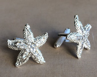 Beach Wedding Cufflinks Silver - Starfish Groom Cuff Links, Beach Wedding Accessories, Seastar Coastal Nautical Groomsmen Gift, Best Man