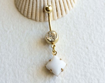 Gold Belly Ring - WHITE belly ring, Belly button ring, dangle belly ring, milk glass jewelry, cute belly ring, navel piercing, body jewelry