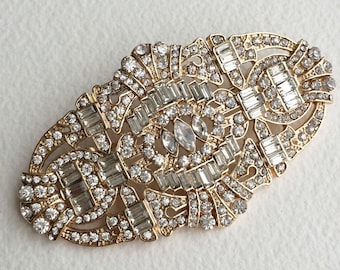 Art Deco Wedding Brooch Gold - 18k gold bridal brooch, gold brooch, Art Deco brooch, Great Gatsby brooch pin, large crystal brooch