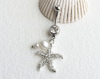 Starfish Pearl Belly Ring - beach wedding jewelry, silver pearl belly button ring, dangle navel piercing, crystal body piercing ocean