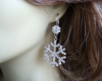 Winter Wedding Snowflake Earrings Dangle - Christmas Bridal Jewelry Crystal, Rhinestone Holiday Party Gift Her, Wife Mom Bridesmaid Gift