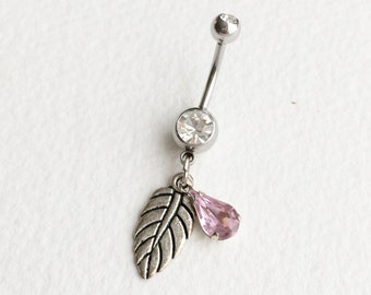 bellybutton ring, silver belly ring,feather,tribal, leaf belly ring,pink,crystal belly ring, charm,Belly button ring, SILVER belly ring