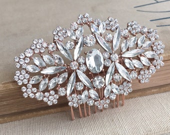 Large Rose Gold Comb - Art Deco Headpiece, Bridal Gold Comb, Wedding Hair Clip, Statement Crystal Comb, Rhinestone Hair Clip, New Years Eve