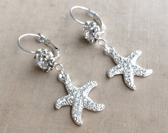 Starfish Earrings Beach Wedding Silver - starfish shell dangle chandelier earrings jewelry bridesmaid gift glam Art Deco beach bridal